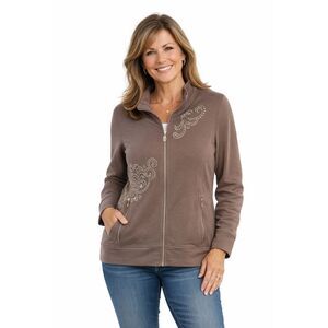 Christine Alexander XL Brown Bedazzled Zip Up - Floral Motif